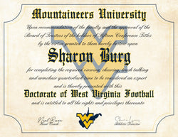 West Virginia Mountaineers Ultimate Football Fan Personalized Diploma - 8.5" x 11" Parchment Paper