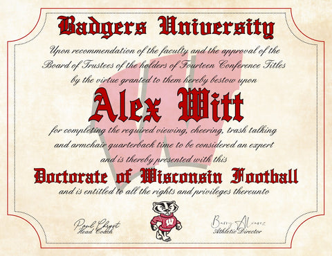 Wisconsin Badgers Ultimate Football Fan Personalized Diploma - 8.5" x 11" Parchment Paper