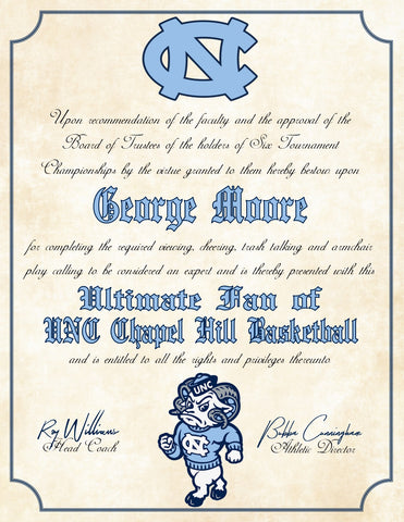 Personalized UNC Tar Heels Ultimate Basketball Fan Diploma on 8.5" x 11" Parchment Paper