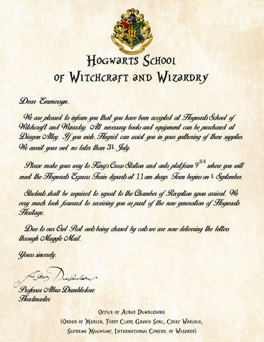Personalized Acceptance Letter Hogwarts School of Witchcraft and Wizardry Signed by Dumbledore