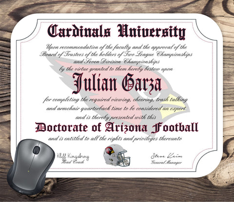 Arizona Cardinals Ultimate Football Fan Personalized Diploma - Mouse Pad