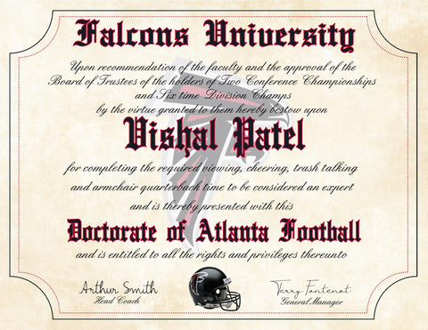 Atlanta Falcons Ultimate Football Fan Personalized Diploma - Perfect Gift - 8.5" x 11" Parchment Paper