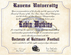 Baltimore Ravens Football Ultimate Fan Personalized Diploma - Perfect Gift - 8.5" x 11" Parchment Paper