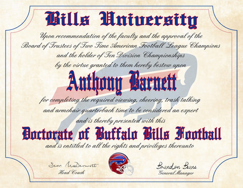 Buffalo Bills Ultimate Football Fan Personalized Diploma - Perfect Gift - 8.5" x 11" Parchment Paper