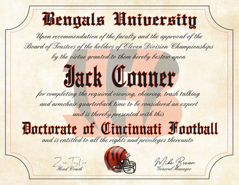 Cincinnati Bengals Ultimate Fan Personalized Diploma - Perfect Gift - 8.5" x 11" Parchment Paper