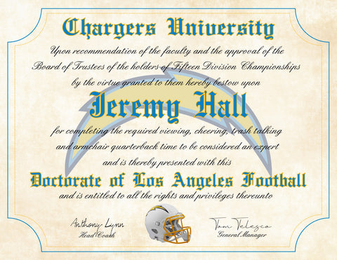 Los Angeles Chargers Ultimate Football Fan Personalized Diploma - Perfect Gift - 8.5" x 11" Parchment Paper