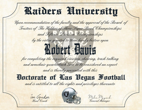 Las Vegas Raiders Ultimate Football Fan Personalized Diploma - 8.5" x 11" Parchment Paper