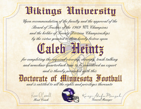 Minnesota Vikings Ultimate Football Fan Personalized Diploma - Perfect Gift - 8.5" x 11" Parchment Paper