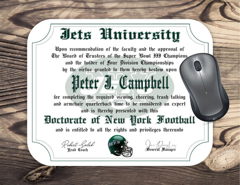 New York Jets Ultimate Football Fan Personalized Diploma - Mouse Pad - #1 Fan Certificate