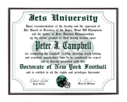 Personalized New York Jets Ultimate Football Fan Diploma #1 Fan Certificate Wood Plaque