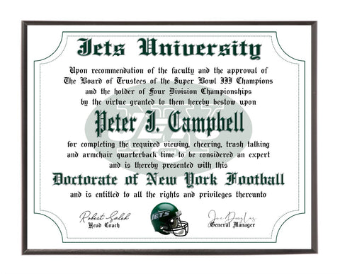 Personalized New York Jets Ultimate Football Fan Diploma #1 Fan Certificate Wood Plaque