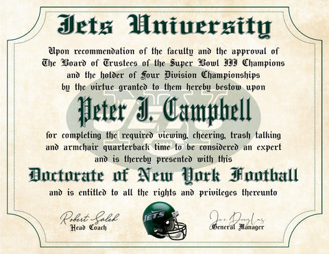 New York Jets Ultimate Football Fan Personalized Diploma # 1 Fan Certificate on 8.5" x 11" Parchment Paper