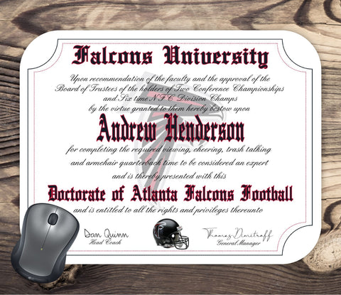 Atlanta Falcons Ultimate Football Fan Personalized Diploma - Mouse Pad - Perfect Gift