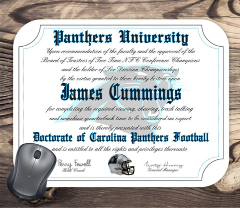 Carolina Panthers Ultimate Football Fan Personalized Diploma Mouse Pad