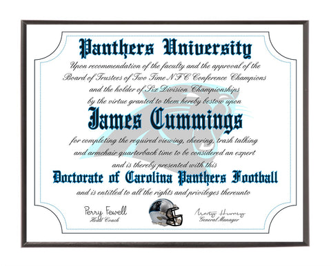 Personalized Wood Plaque of the Carolina Panthers for the Ultimate Football Fan