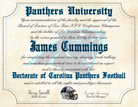 Carolina Panthers Ultimate Football Fan Personalized Diploma - 8.5" x 11" Parchment Paper