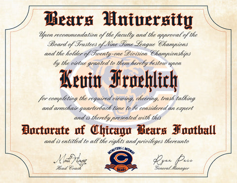 Chicago Bears Ultimate Football Fan Personalized Diploma - Perfect Gift - 8.5" x 11" Parchment Paper