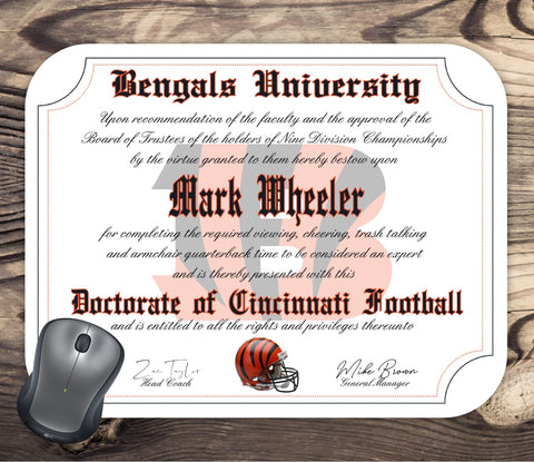 Cincinnati Bengals Ultimate Football Fan Personalized Diploma Mouse Pad