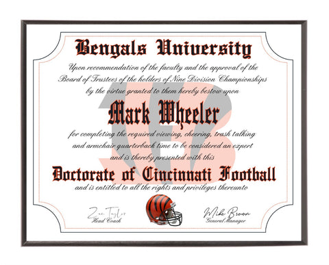 Personalized Wood Plaque of the Cincinnati Bengals for the Ultimate Football Fan