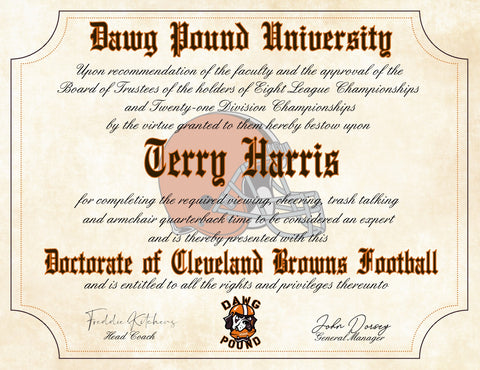 Dawg Pound - Cleveland Browns Ultimate Football Fan Personalized Diploma - Perfect Gift - 8.5" x 11" Parchment Paper