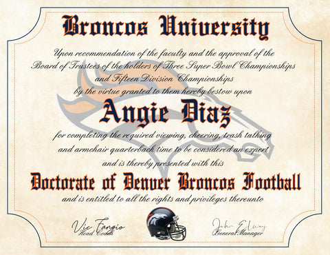 Denver Broncos Ultimate Football Fan Personalized Diploma - Perfect Gift - 8.5" x 11" Parchment Paper