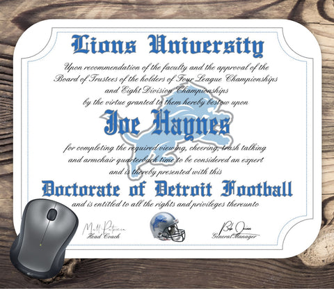 Detroit Lions Ultimate Football Fan Personalized Diploma Mouse Pad