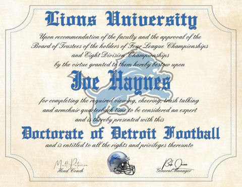 Detroit Lions Ultimate Fan Personalized Diploma - Perfect Gift - 8.5" x 11" Parchment Paper
