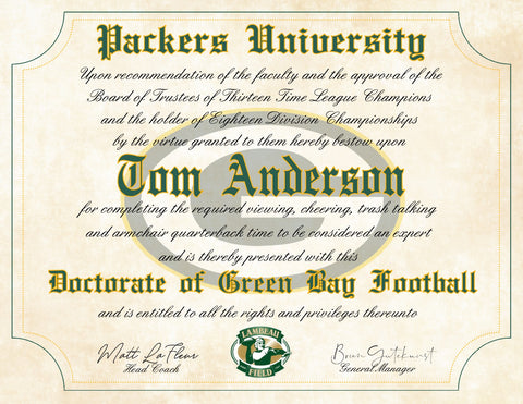 Green Bay Packers Ultimate Football Fan Personalized Diploma - Perfect Gift - 8.5" x 11" Parchment Paper