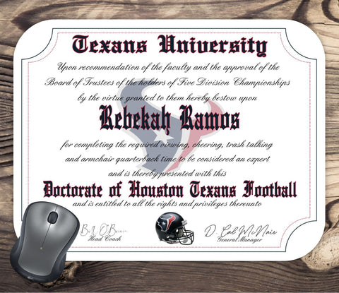 Houston Texans Ultimate Football Fan Personalized Diploma Mouse Pad