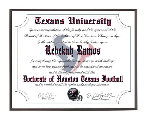 Personalized Wood Plaque of the Houston Texans for the Ultimate Football Fan