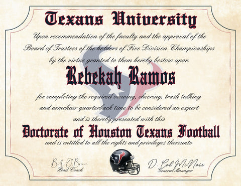 Houston Texans Ultimate Football Fan Personalized Diploma - Perfect Gift - 8.5" x 11" Parchment Paper
