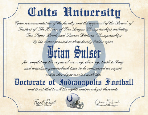 Indianapolis Colts Ultimate Fan Personalized Diploma - Perfect Gift - 8.5" x 11" Parchment Paper