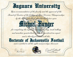Jacksonville Jaguars Ultimate Football Fan Personalized Diploma - Perfect Gift - 8.5" x 11" Parchment Paper