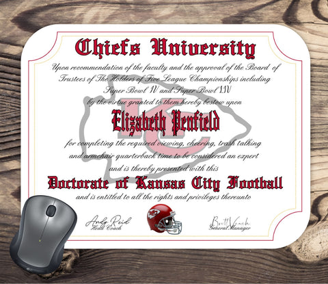 Kansas City Chiefs Ultimate Football Fan Personalized Diploma - Mouse Pad - Perfect Gift