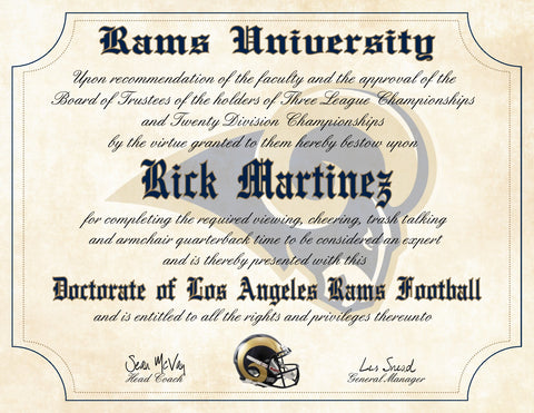 Los Angeles Rams Ultimate Football Fan Personalized Diploma - 8.5" x 11" Parchment Paper