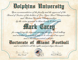 Miami Dolphins Ultimate Football Fan Personalized Diploma - 8.5" x 11" Parchment Paper