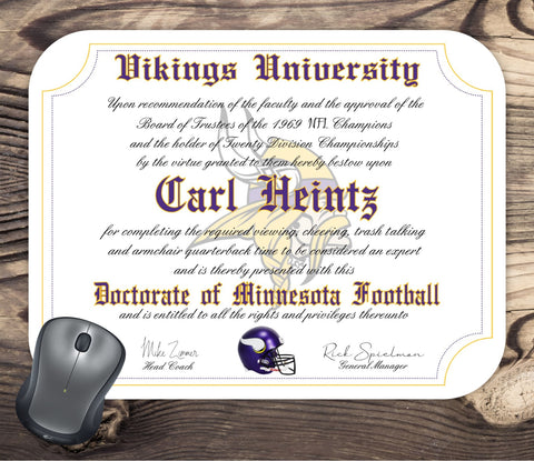 Minnesota Vikings Ultimate Football Fan Personalized Diploma - Mouse Pad