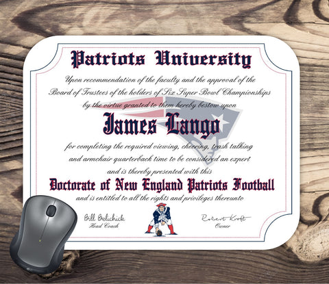 New England Patriots Ultimate Football Fan Personalized Diploma - Mouse Pad - Perfect Gift
