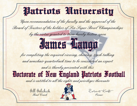 New England Patriots Ultimate Football Fan Personalized Diploma - Perfect Gift - 8.5" x 11" Parchment Paper