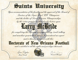 New Orleans Saints Ultimate Football Fan Personalized Diploma 8.5" x 11" Parchment Paper