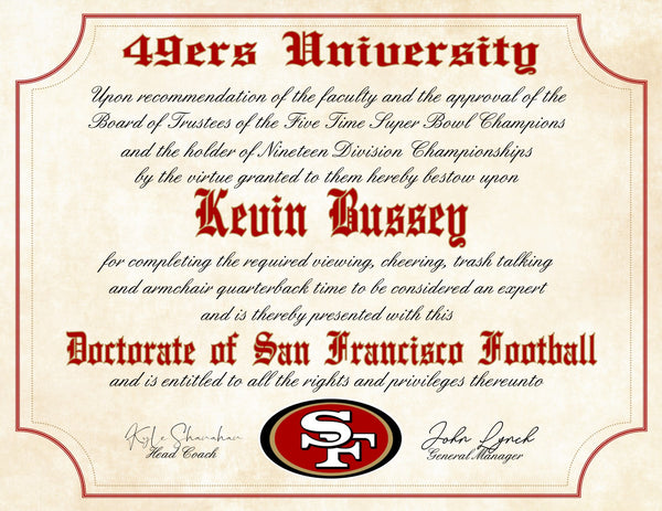 Personalized San Francisco 49ers football fan diploma printable digital download
