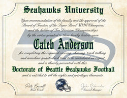 Seattle Seahawks Ultimate Football Fan Personalized Diploma - Perfect Gift - 8.5" x 11" Parchment Paper