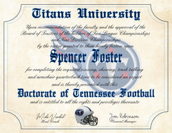 Tennessee Titans Ultimate Football Fan Personalized Diploma - 8.5" x 11" Parchment Paper