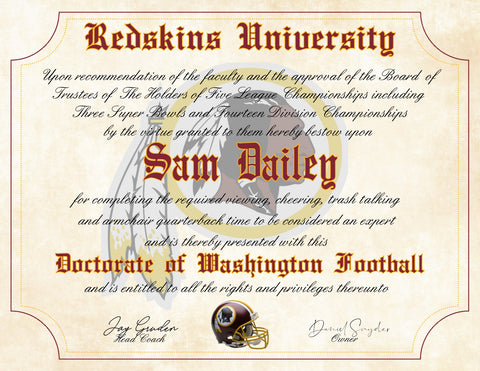 Washington Ultimate Football Fan Personalized Diploma - Perfect Gift - 8.5" x 11" Parchment Paper