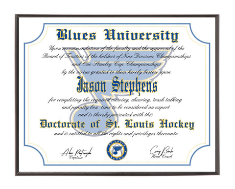 Personalized St. Louis Blues Ultimate Hockey Fan Diploma Wood Plaque