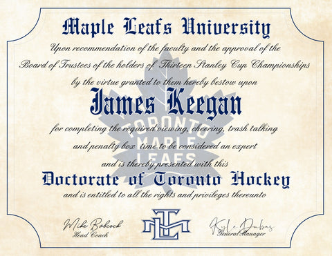 Toronto Maple Leafs Ultimate Hockey Fan Personalized Diploma -  8.5" x 11"