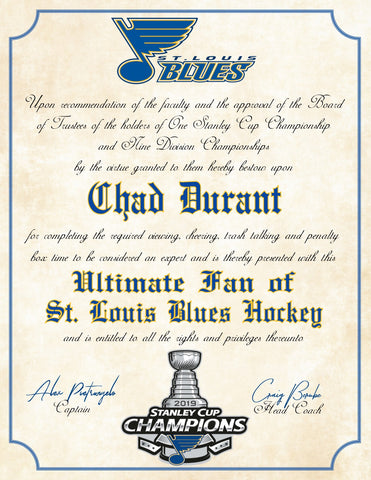 Personalized St. Louis Blues Ultimate Hockey Fan Diploma 2019 Stanley Cup Champions