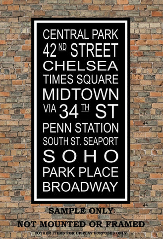 New York City Subway Sign - Central Park, Broadway, Penn Station, Midtown, Soho, Times Square - Multiple Sizes