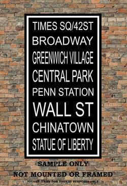 New York City Subway Sign Print - Times Square, Broadway, Central Park, Wall St, Chinatown