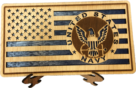Small American Flag, US Navy Military desk flag, Engraved Wood Painted Rustic Style Flag